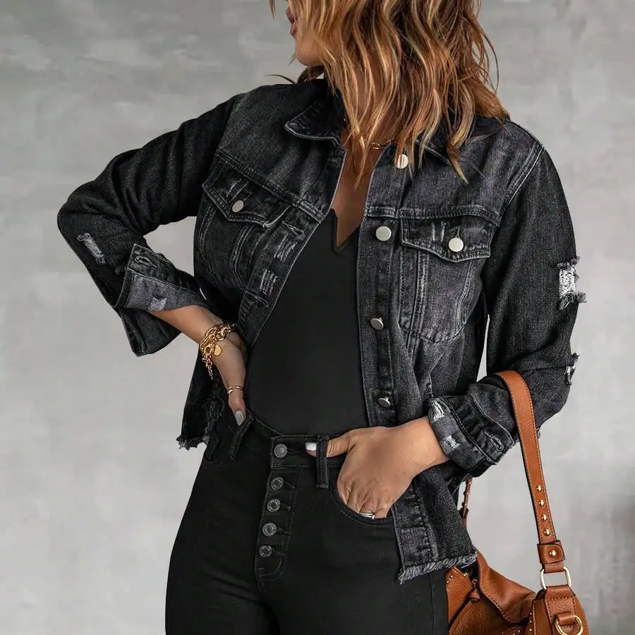 

Women's Distressed Black Denim Jacket, Loose Fit Button-Up with Pockets, All-Season Casual Style