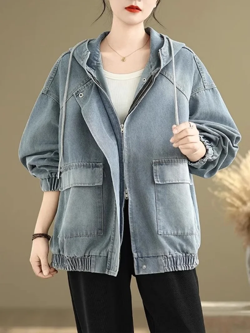 Korean Denim Jacket For Women Autumn Winter Chic Fashion Loose Fitting Hooded Casual Zipper Design Short Coat Top w689 ﻿