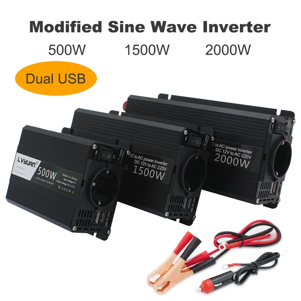 Modified Sine Wave Car Inverter 220V Power 500W/1500W/2000W 2 USB EU Socket 12 Volts Auto Inversor Transformer Solar Converter