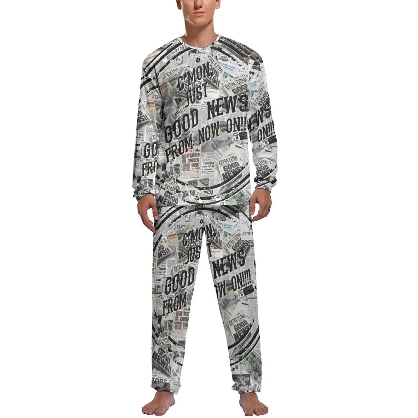 

Vintage Newspaper Pajamas Men Headlines Collage Kawaii Home Suit Spring Long Sleeves 2 Pieces Night Custom Pajama Sets