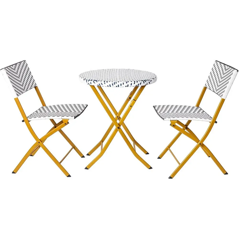 

Rouen Commercial Grade olding Bistro Set, Indoor/Outdoor PE Rattan Table Top, Back and Seat, Natural Steel es, 3 Piece Set, Navy