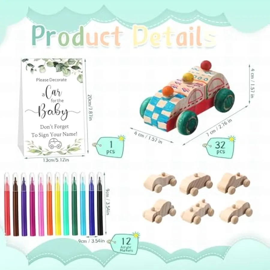 WinnerWhy 45 stuks houten doe-het-zelf autospeelgoed inclusief 32 onvoltooide houten autoblokken 12 markers en babyshowerspelbord voor babyshower