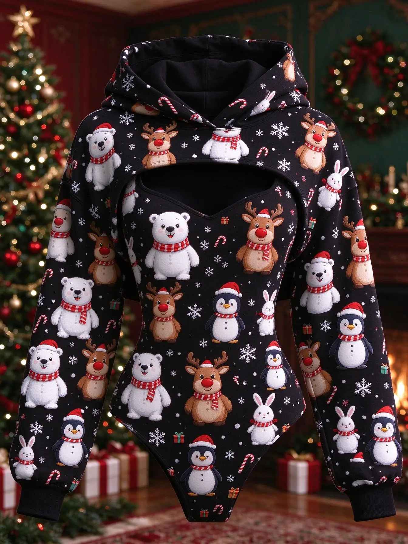 Christmas Women 2 Piece Set Black Cute Corgi Cat Piggy Santa Hat Snow Print Bodysuit & Hooded Shrug Xmas Party Outfit view 4