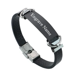 Custom Text Name Engrave Logo Leather Bracelet customize Stainless Steel Bracelets For Women Men