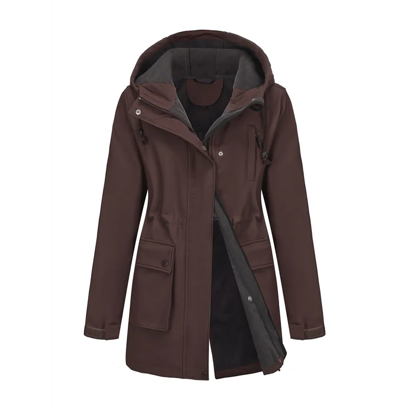 

AA01-Women Waterproof Softshell Jackets Warm Fleece Lined Coats With Hood Long Rain Jacket