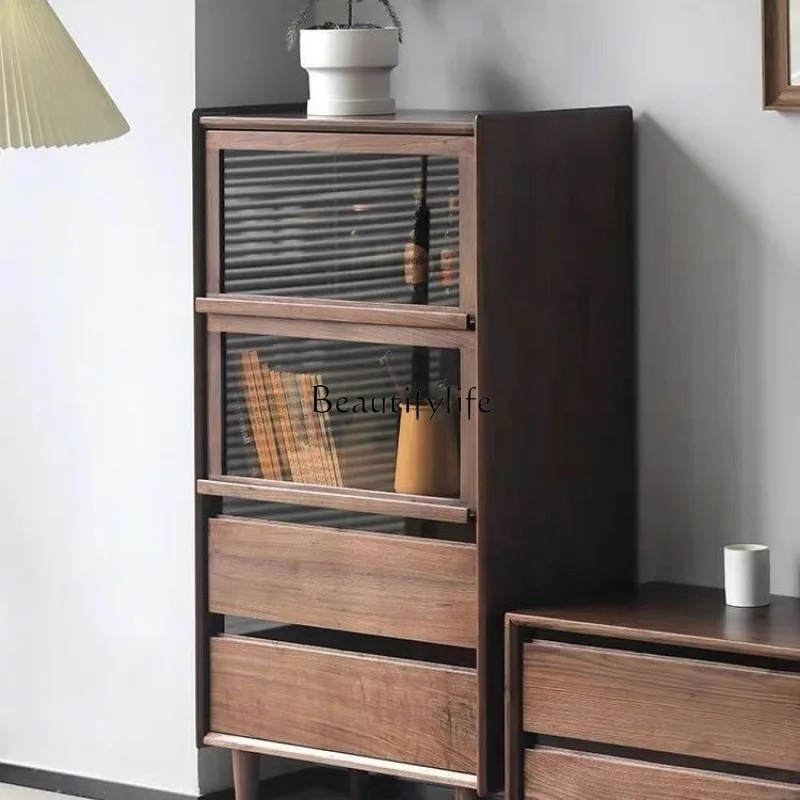 Nordic black walnut bucket cabinet solid wood living room storage sofa vertical cabinet against the wall