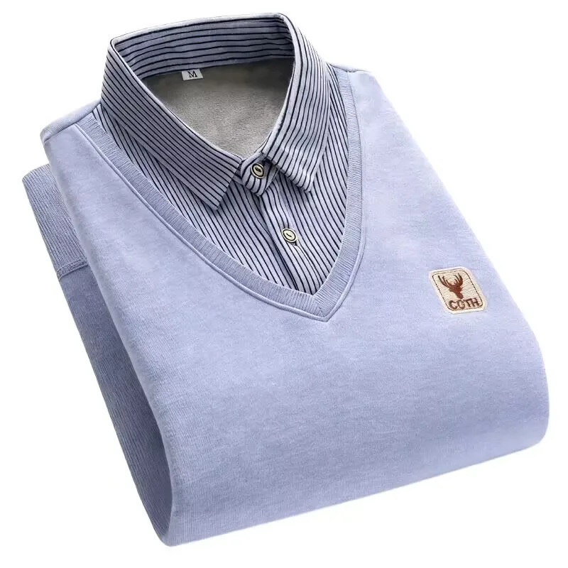 

Mens Mock Two Piece Classic Sweater Blue Shirt Collar Thickened Autumn Winter Thermal Knitwear Fashion Layered Look For Men