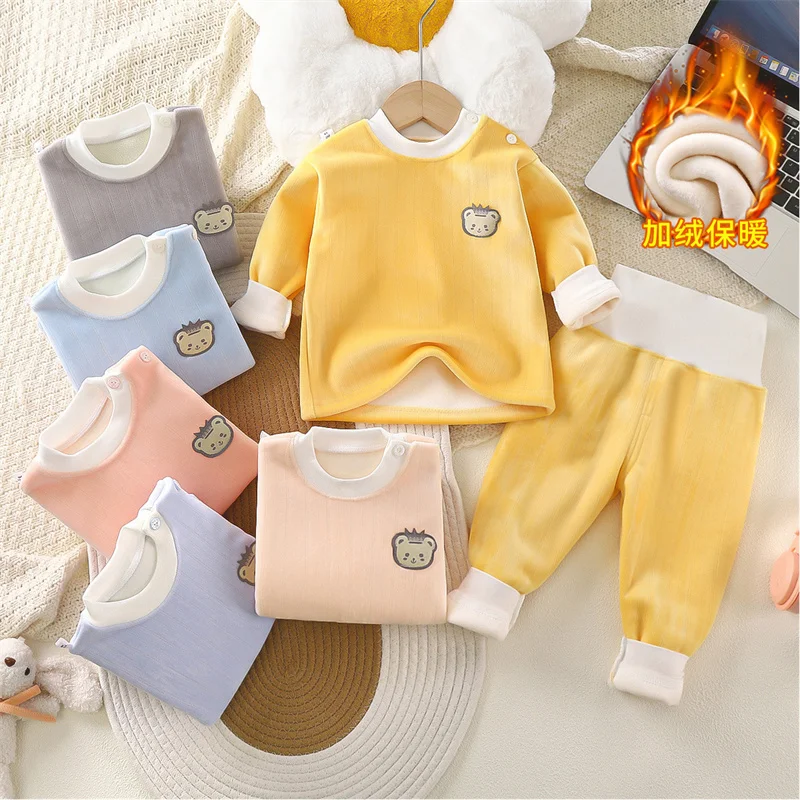 Children\'s Thermal Underwear Set Clothes Autumn Winter Baby Thickened Suit Boy Girl Plus Velvet Top Pants 2Pcs Outfits Clothing
