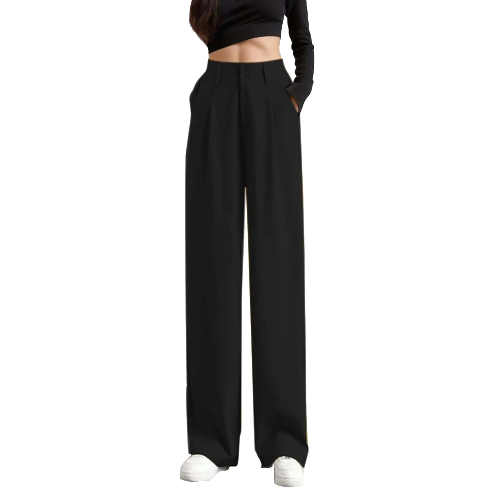 

Women’S Wide Leg Pants Women Korean Style High Waist Black Trouser Office Ladies Fashion Loose Grey Suit Trousers Streetwear