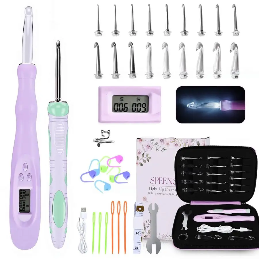 

Набор крючков с подсветкой и счетчиком рядов стежков, 18 сменных крючков для вязания крючков диаметром 2–14 мм, яркие режимы при слабом освещении с эргоном