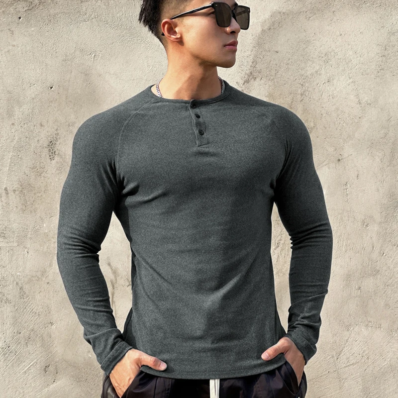 Autumn and winter men's casual sports fitness T-shirt washed with double-sided velvet for warmth and breathability, Henry shirt