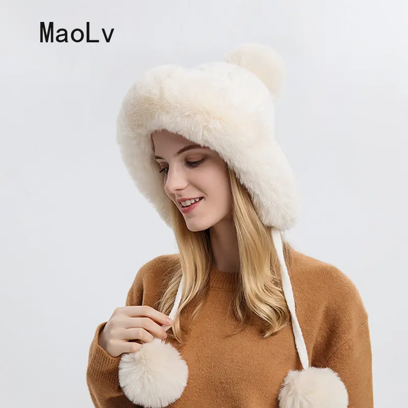 Winter Fluffy Fur Kintted Cap for Women Russian Lady Soft Warm Ear Protection Hats Female Outdoor Plush Coldproof Ball Beanies