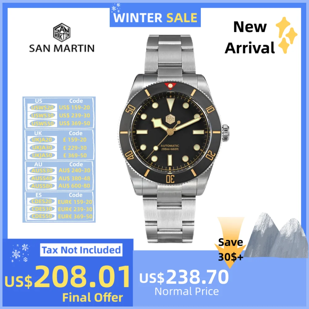 San Martin 37mm Matte Bezel NH35 BB54 Vintage Diving Watch For Men Automatic Quick Fly Adjust C3 BGW-X1 Lume 20ATM Reloj SN0138