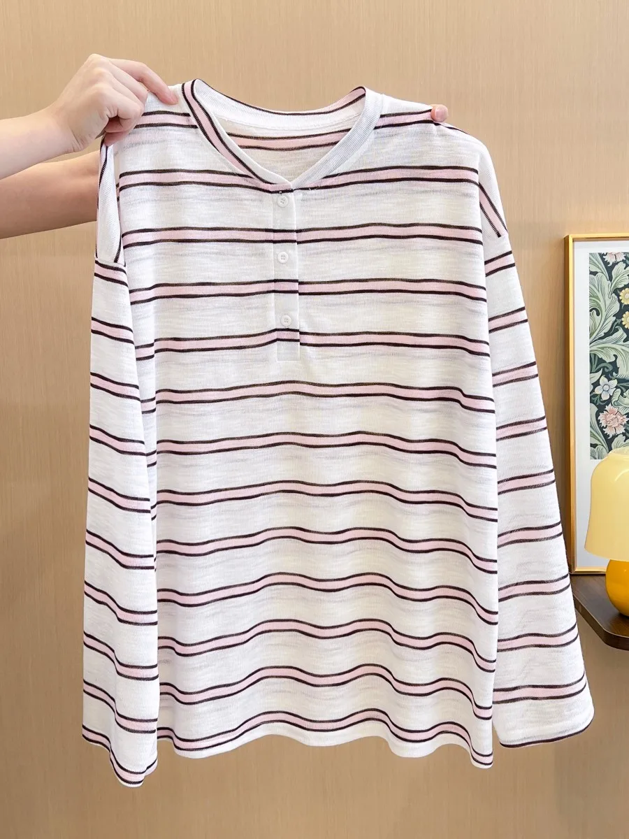 

Fashion Loose Casual Striped Long-sleeved T-shirt for Women 2025 Autumn New Arrival Vacation Style Pullover Top