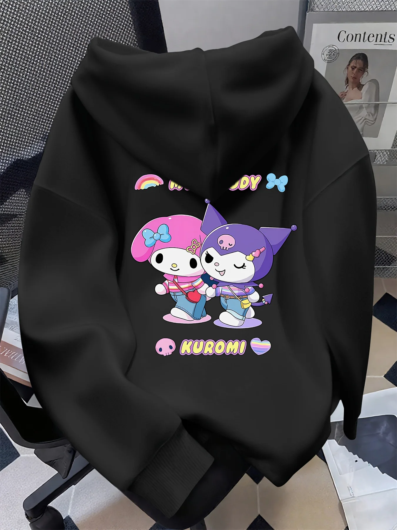 Ladies' Hello Kitty and Kuromi hooded sweatshirt with Hello and Kuromi print, soft pullover, machine washable winter sweater