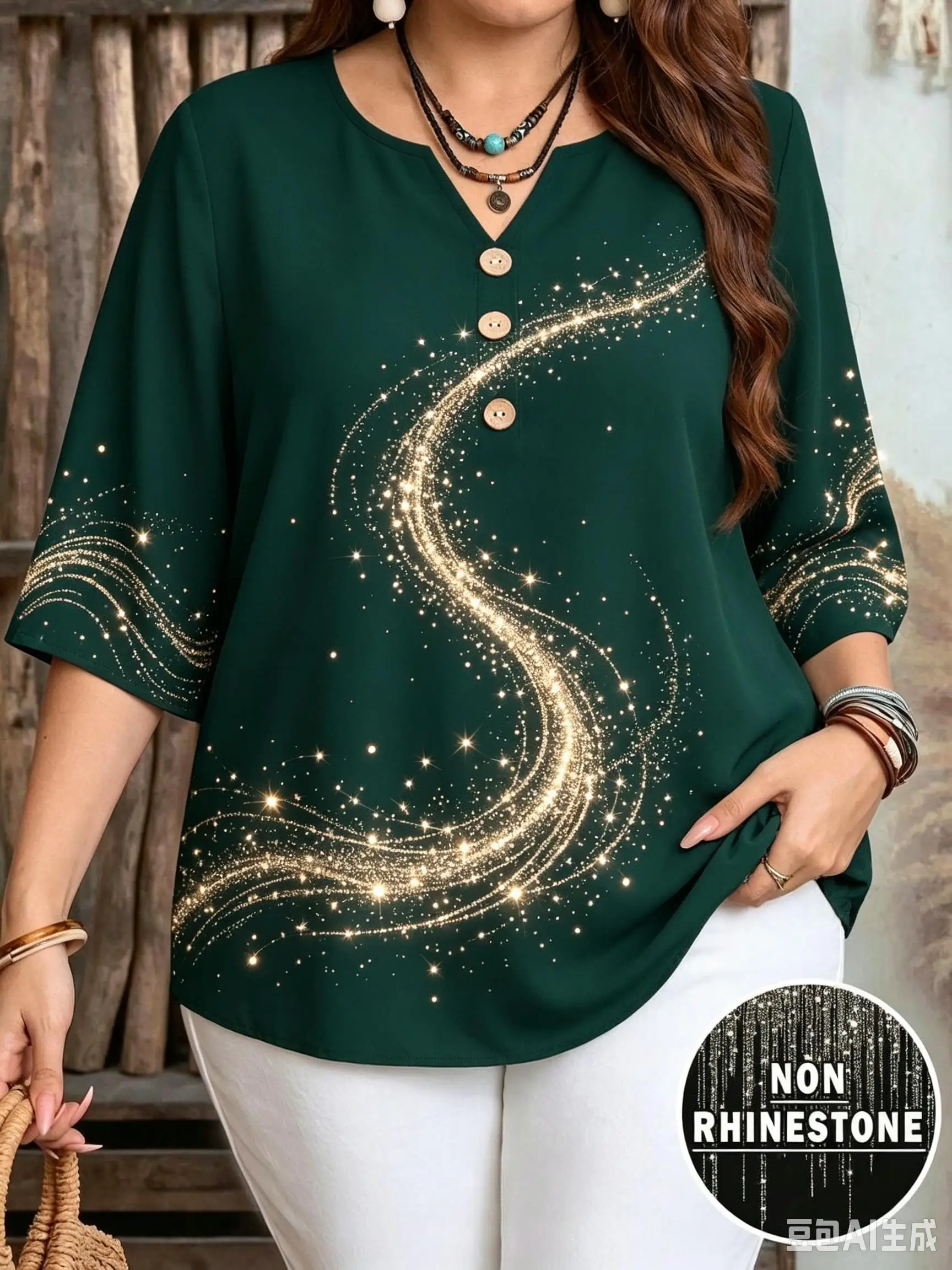 Women Art Graphic Print TOP, Notch Henley V‑Neck Half‑Button 3/4 Sleeve Loose Casual Daily Shirt Top