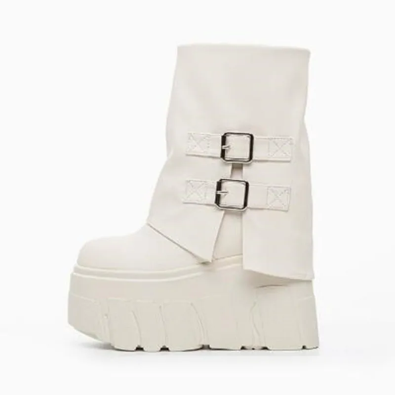 14cm Genuine Leather Platform Motorcycle Boots for Women Ankle Boot Fashion New Autumn Winter Platform Wedge Heel Booties Female