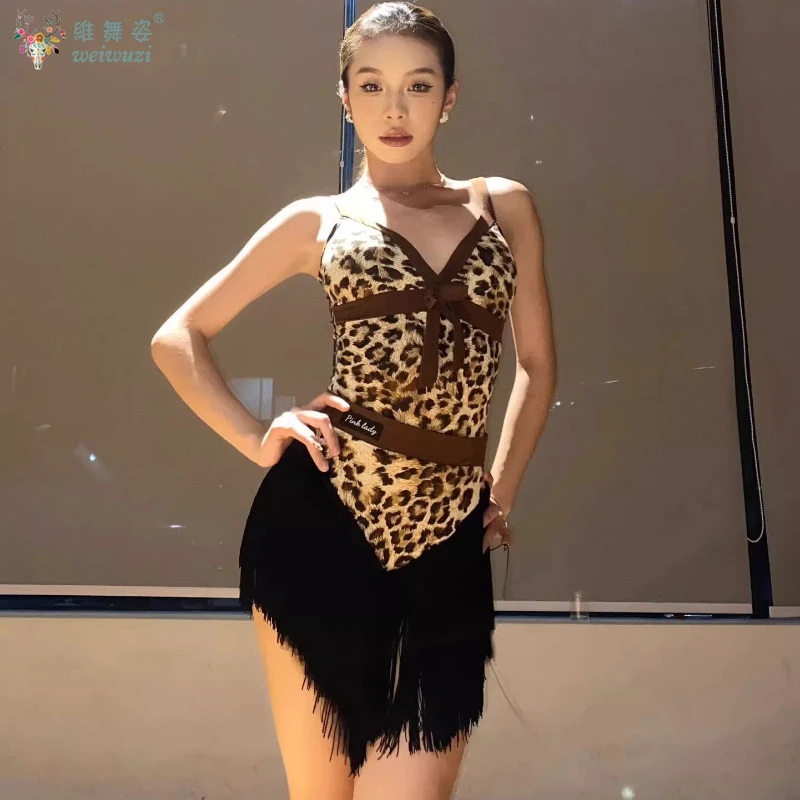 

Платье для соревнований с леопардовым принтом для латинских танцев для женщин, высококачественная одежда для выступлений, платье для взрослых, самба, румба, латинское платье с бахромой