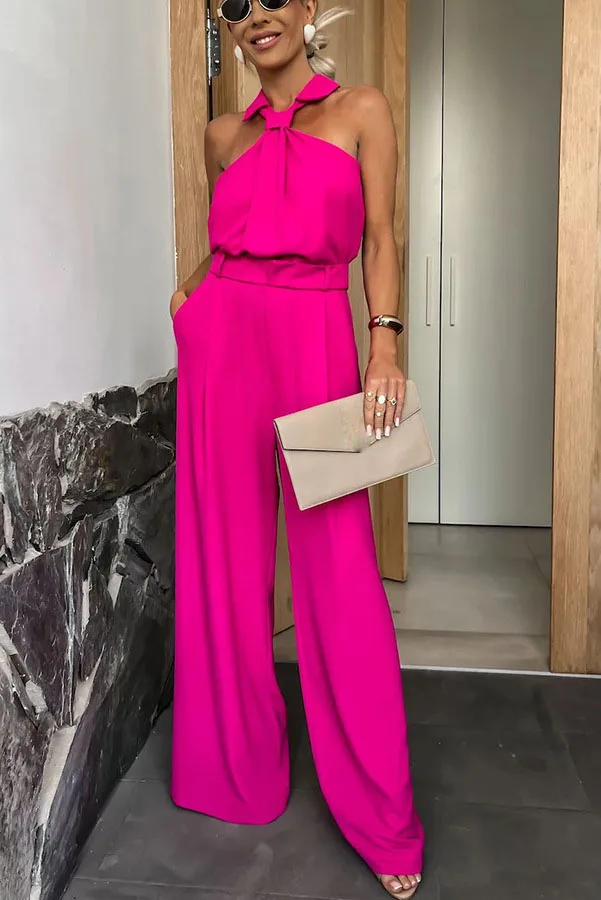 Dames halter jumpsuit nek revers off-shoulder mouwloze lange jumpsuit ritssluiting aan de achterkant hoge taille wijde pijpen jumpsuit