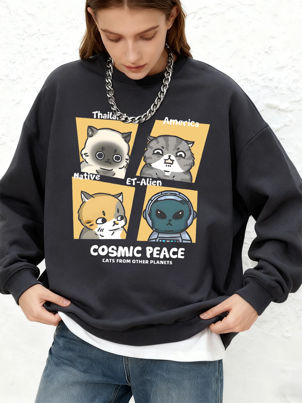 Cosmic Peace America Cats Print Hoodie Women Basic Jogger Warm Sweatshirt Crewneck Oversize Tops Winter Long Sleeves Clothes