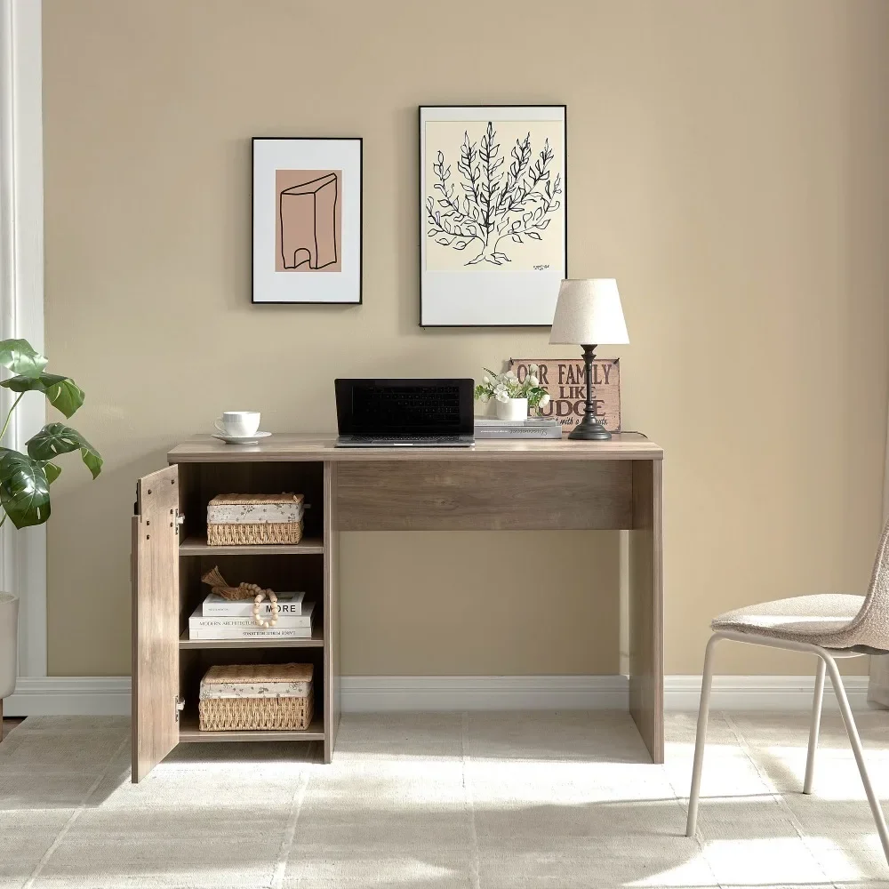 

Office Desk, Hazelnut One Cabinet Three Shelves Faux Barn Door on Metal Euro Hinges Modesty Panel,Computer Desks