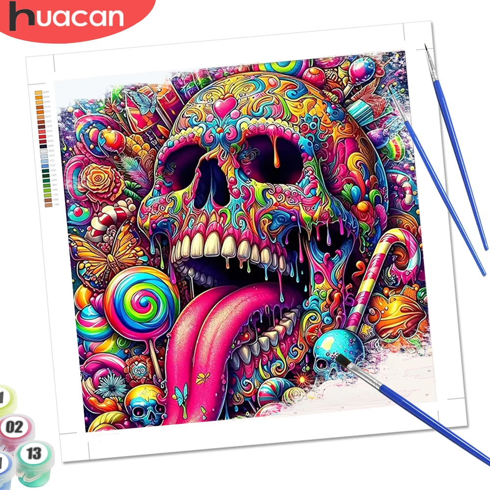 HUACAN Malen nach Zahlen für Erwachsene, Totenkopf-Landschaft, handgemalte Sets, DIY-Geschenk, Heimdekoration, Malen nach Zahlen