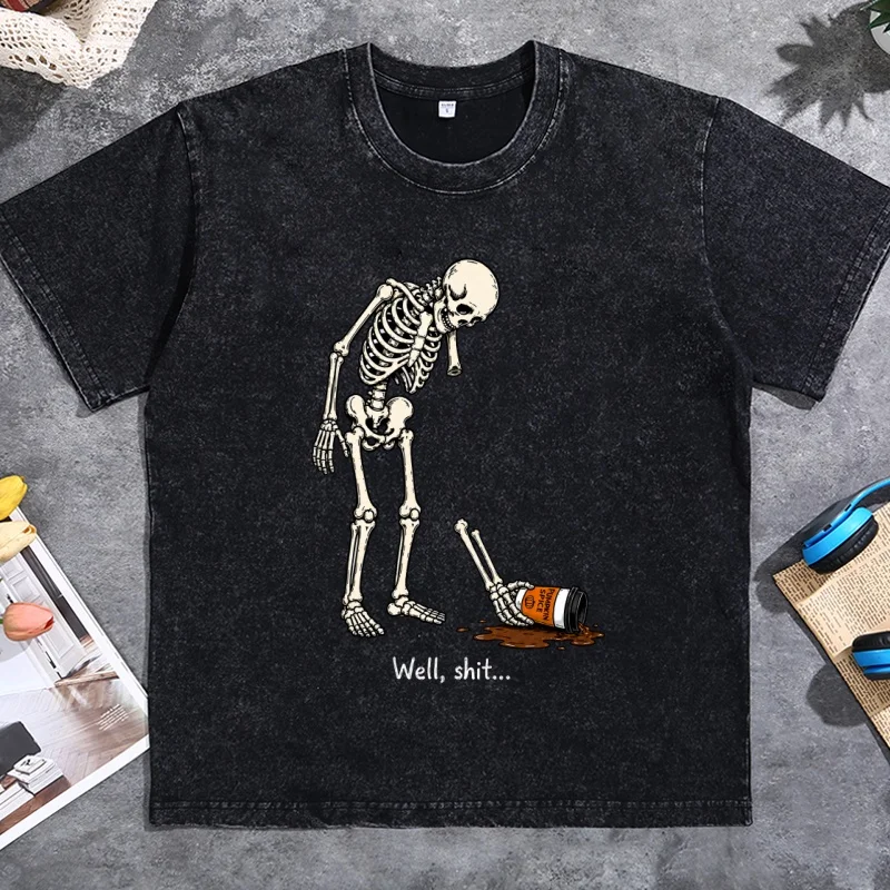 Skeleton Coffee T-shirts Well Shit Funny Skeleton Broken Arm Dark Humor Halloween T Shirt Design Trendy Gothic Clothing