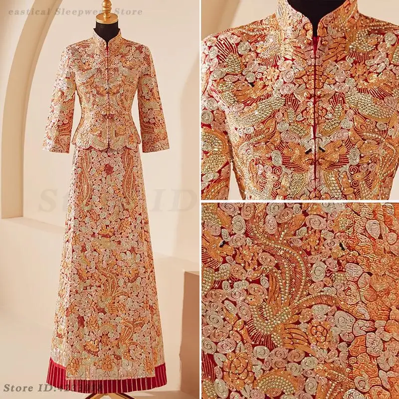 

Traditional Embroidered Rhinestone Qipao Xiuhe Bride Wedding Dress Tang Suit Exquisite Chinese Style Marriage Dress Suit 3XL