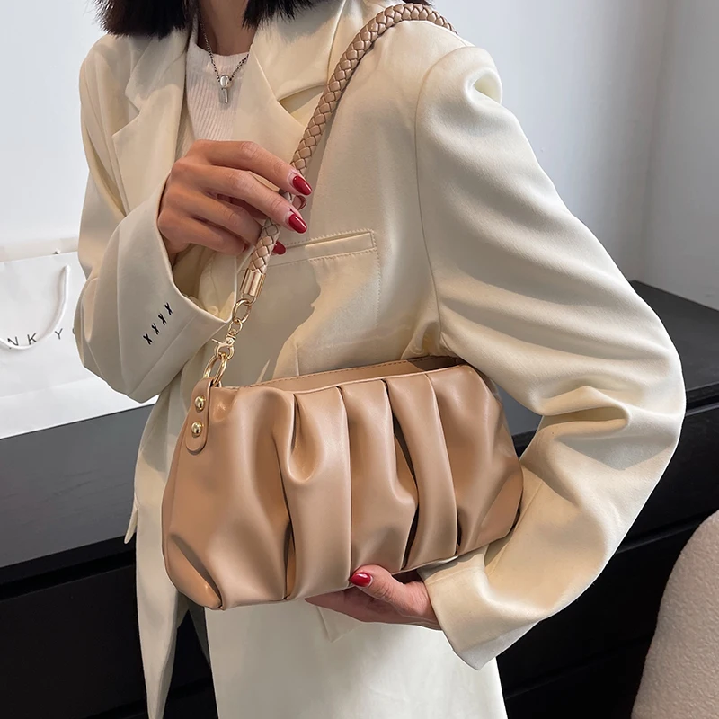 2024 Spring New Solid Cloud Pleated Handlebags for Women Textured PU Armpit Shoulder Bags Trend Chic Lady Commuter Crossbody Bag