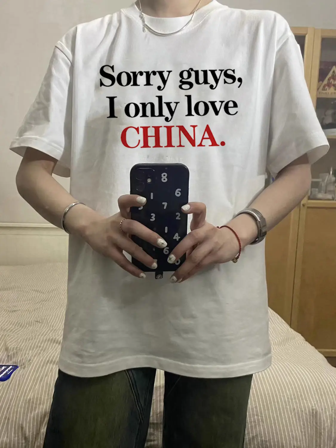 

American Trendy Brand I Only Love Chinese Letter Printing Pure Cotton Short-sleeved T-shirt Men's and Women's Loose Round Neck