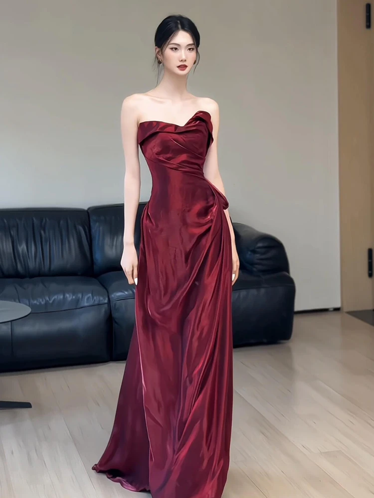 

Ele Red Wine Color Bridal Gown with Strap for Wedding Banquet Performance High Waist Floor Length Svel Evening Dr