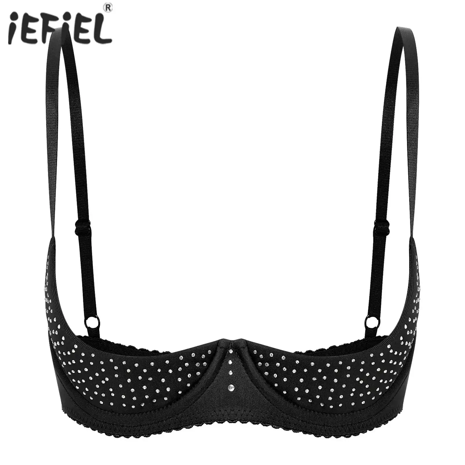 Womens Underwire Half Cup Push Up Balconettes Underwear Sparkly Rhinestone Open Chest Bra Lingerie Bare Exposed Breast Brassiere