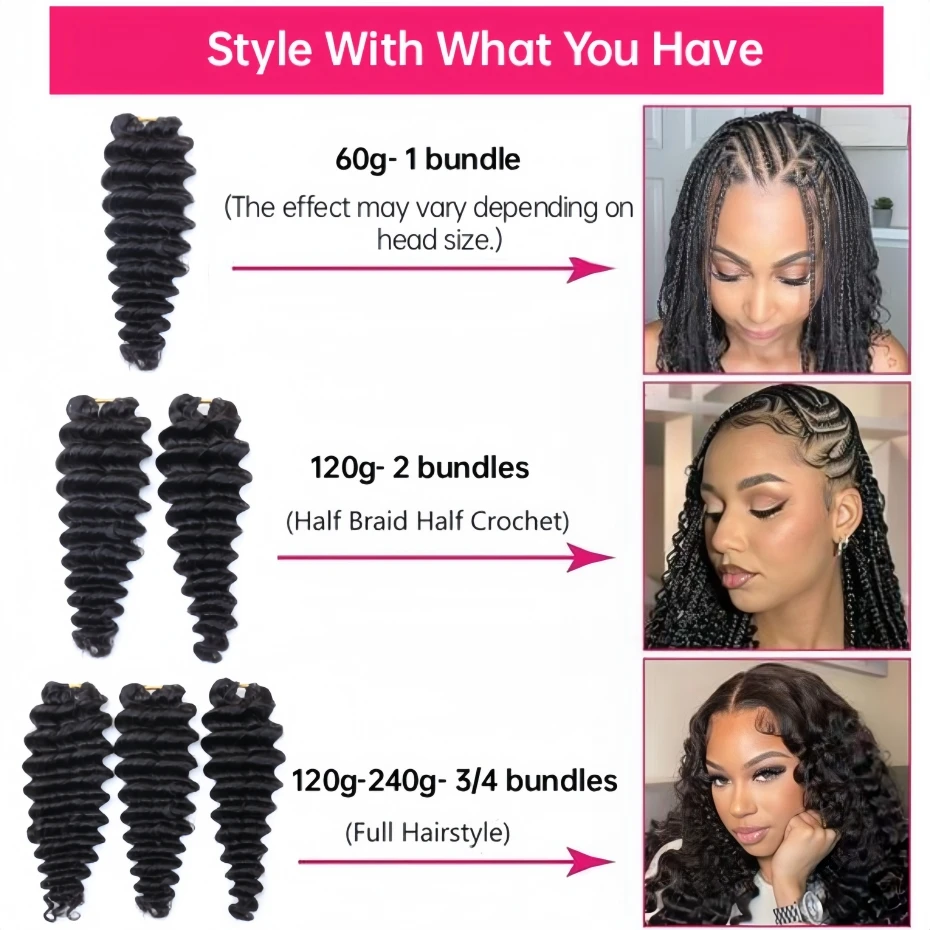 Deep Wave Human Hair Crochet Extensions 1B Natural Black Knotless Pre-Separated Feather Crochet Hair Loose Wave Bulk Braiding Hair No Weft Soft Real Human Hair Invisible Miracle Knots Boho Braids Remy Hair Extensions for Women Ladies - view 6
