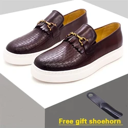 Men's Leather Casual Shoes Metal Button Woven Pattern Handmade Flat Loafers Men's Dating Luxury Party Shoes Formal Men's Shoes