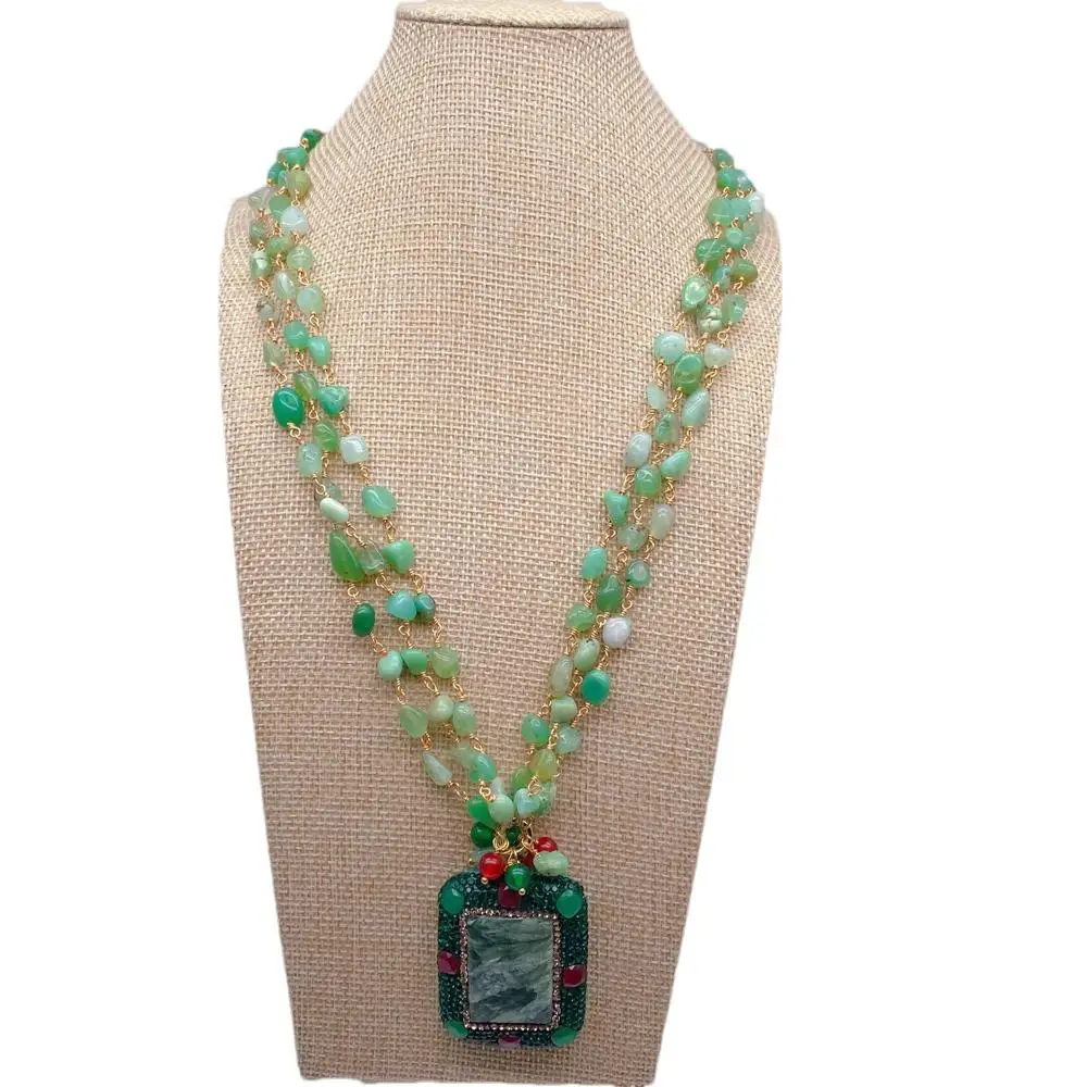 YYGEM 3 Strands 5x7mm Green Chrysoprase Rosary Chain Necklace 38x42mm Natural Rectangle Seraphinite Pendant