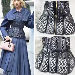 Women Belt Skeleton Mesh Bodice Waist Seal Leather Curved Women's Curved Shape Wide Belt Decoration Large Waist Seal