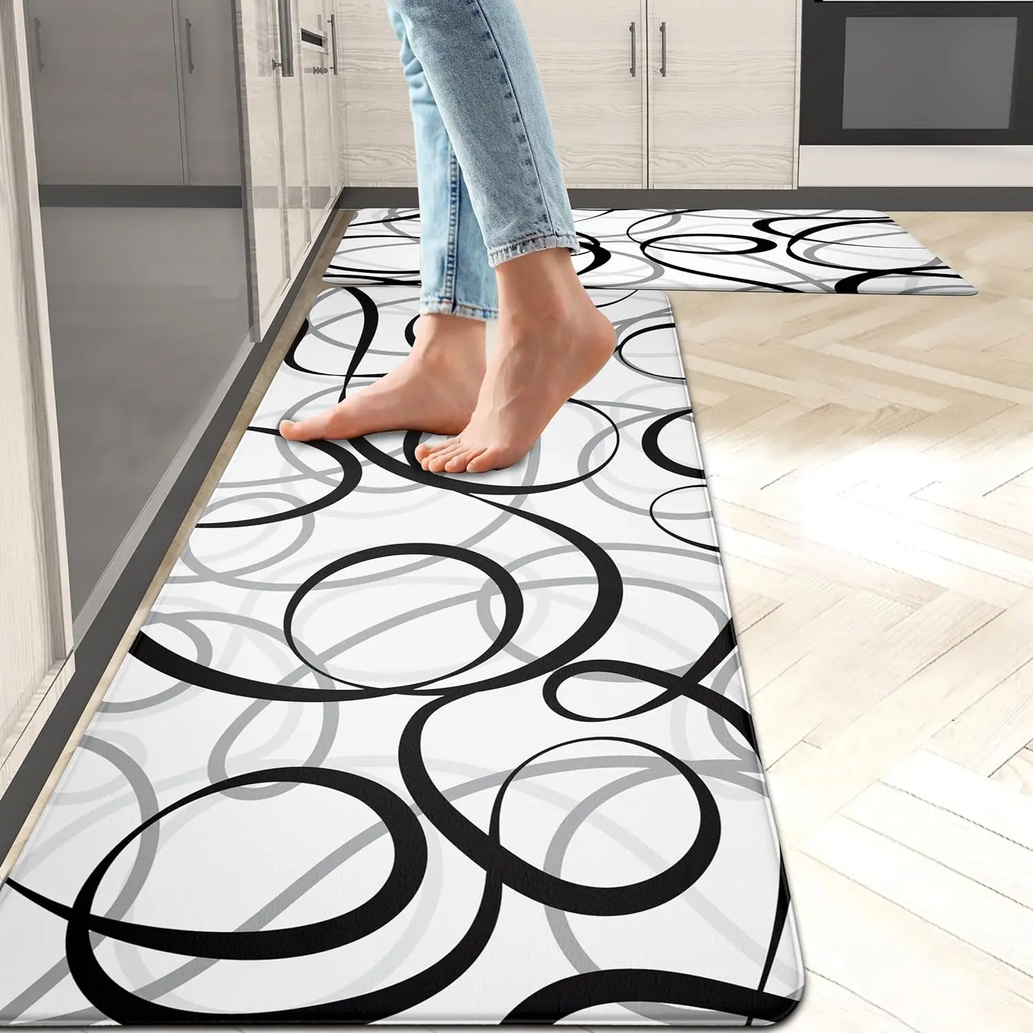 Grey Abstract Print Kitchen Rug, Non-Slip Cushioned Comfort Standing Mat, Heavy Duty Floor Carpet for Home Sink Laundry, 1PC