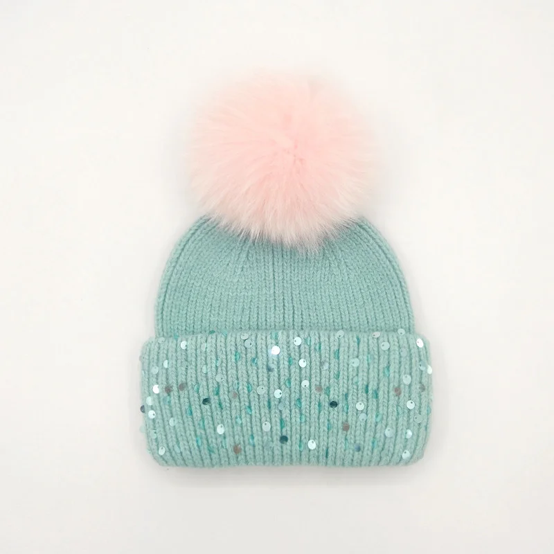 New real fox fur pompom hats Fashion sequin outdoor colorful hats for women girl High quality winter hats Warm Female beanies