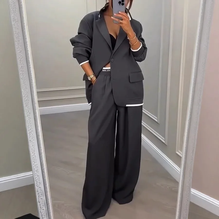 

Women's Fall Spring 2 Piece Blazer Outfits Office Lady Business Professional Casual Oversize Jacket Wide Leg Work Pants Suit Set