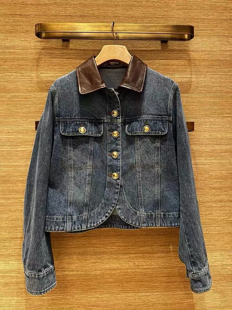 Vintage Style Cotton Denim Jacket Color Block Collar round Hem Reducing Ageing Women's Short Coat Straight Body Fit Regular S...