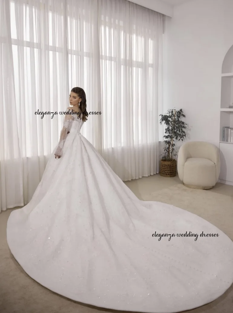 맞춤형 반짝반짝 우아한 연인 칼라 레이스 웨딩 드레스, 긴팔 푹신한 스커트 웨딩 드레스 Vestido De Novia