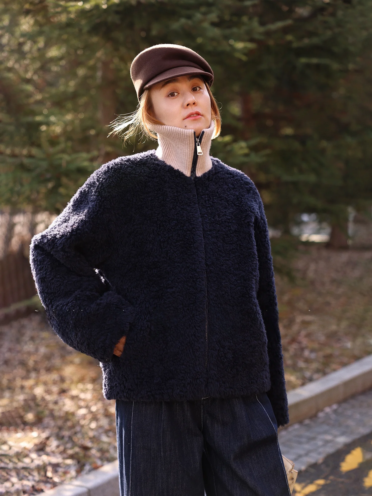 

WinnieTang 00% Wool Teddy Fce Thi Warm Color Blo Knitted High Collar Casual Outerwear Women's Winter Long Sve Zipp...