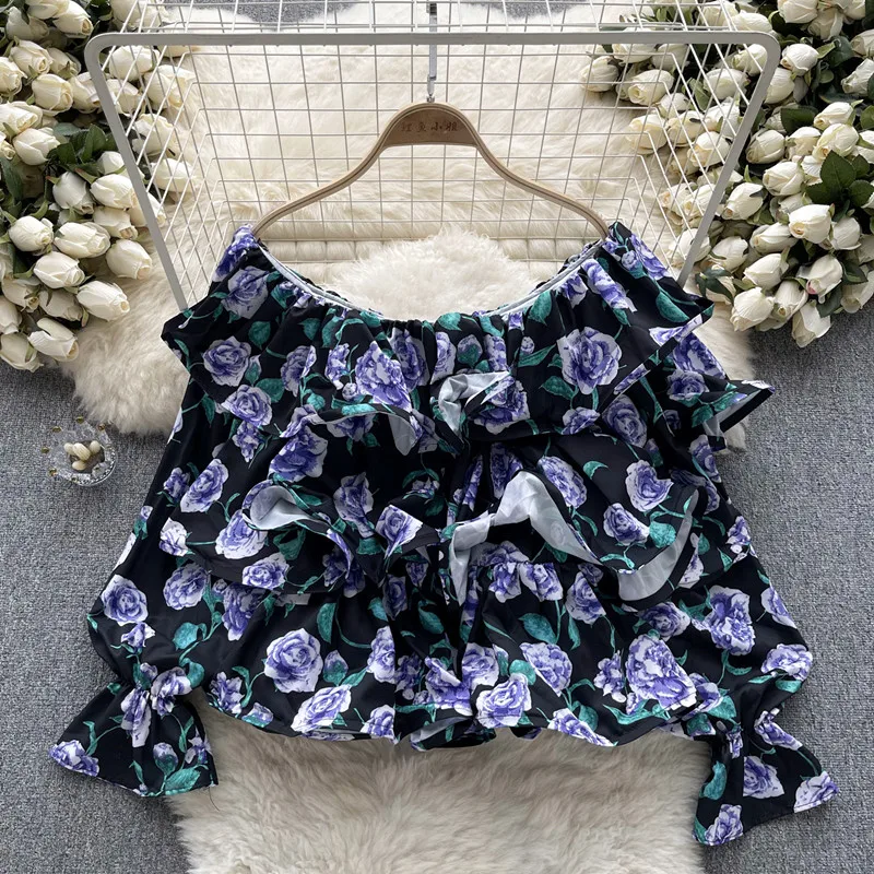 Elegant and high-end printed ruffled shirt for women off shoulder chiffon top blouses