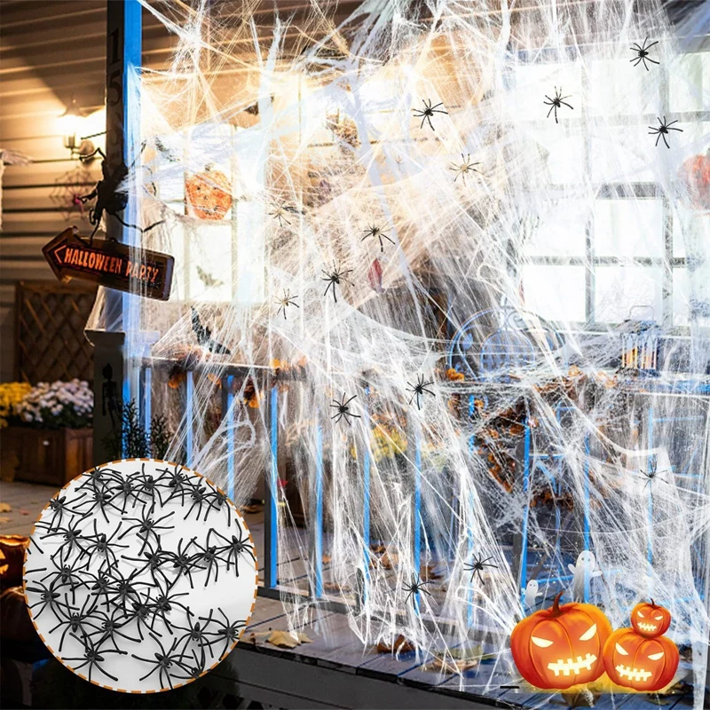 Halloween Artificial Spider Web 200g Stretchy Cobweb Scary Party Halloween Decorations For Haunted House Scene Props 60 Spiders