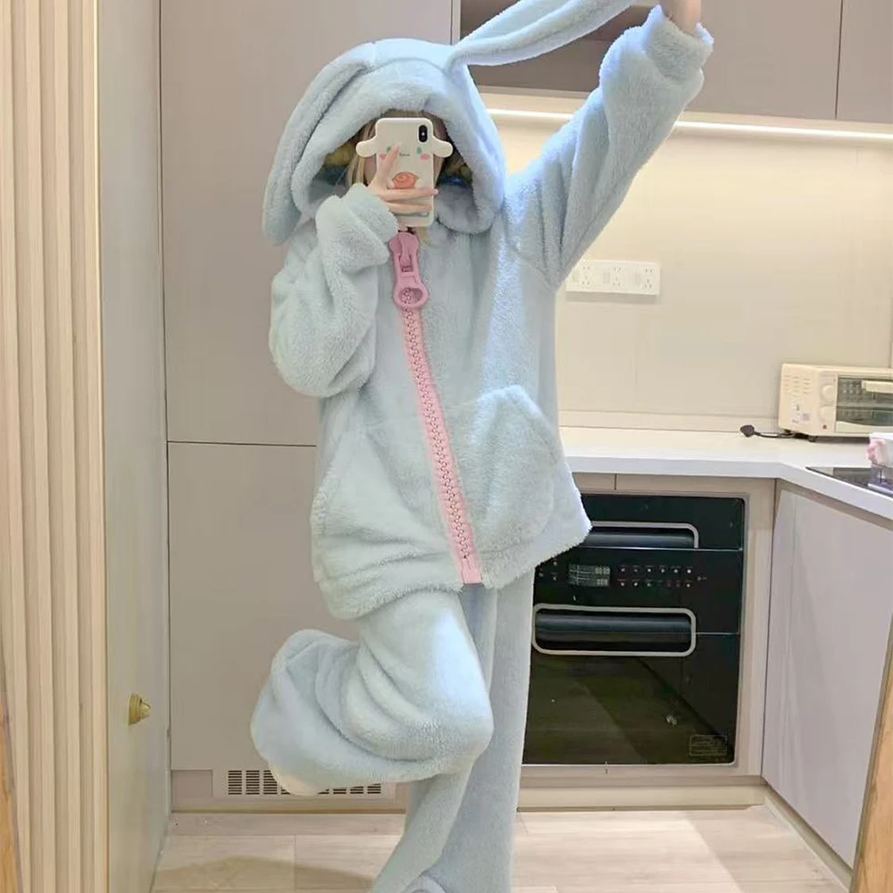 Sweet Little Rabbit Women's Sleepwear Kawaii Hooded Coral Velvet Winter Warm Dormitory Home Clothes Set with Thick Velvet Gifts
