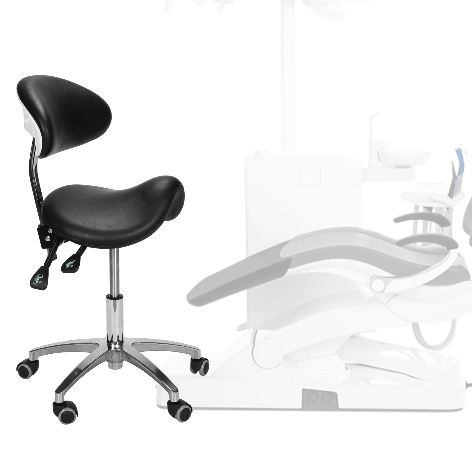 

Стул-седло на колесиках с поворотным механизмом и поддержкой спины, регулировка высоты 16.93-21.65 дюймов, для дома, офиса, салона, спа, кухни, тату-салона