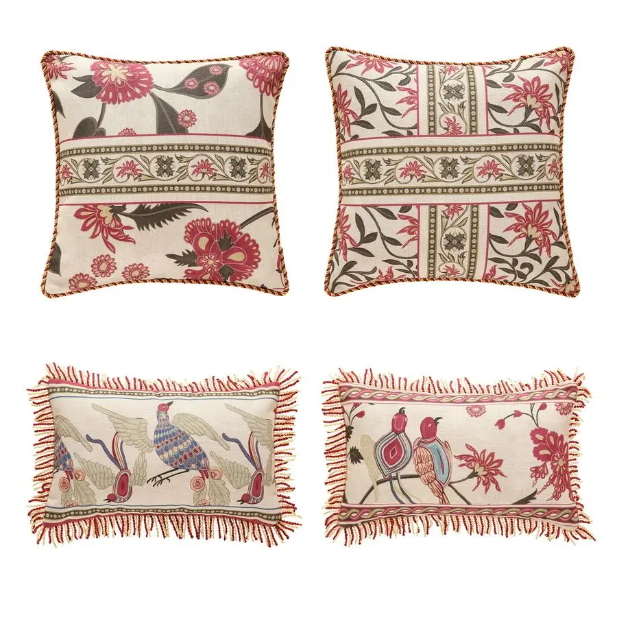 

Designer Throw Pillow Covers Set of 4,Vintage Red Linen Pillowcases with Flower and Birds Pattern Pillows Cover for Couch,Farmho