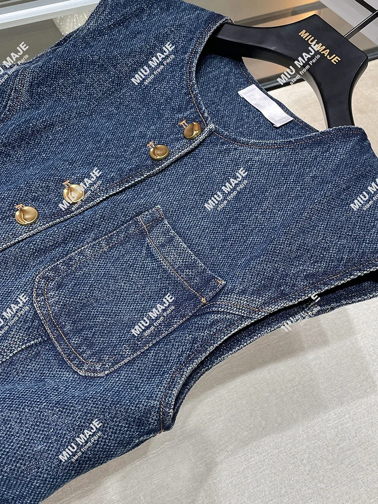 

High-End Retro Svel Denim Vest Top And Skirt Set Women's Faion Ensemble round Ne Button-Up Wool Blend Autumn Wear