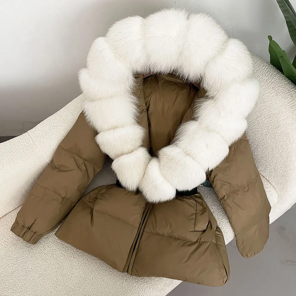 

Белая зимняя теплая куртка-пуховик из утиного пуха для женщин, с капюшоном, с натуральным мехом лисы, толстая женская парка, водонепроницаемая, с натуральным мехом