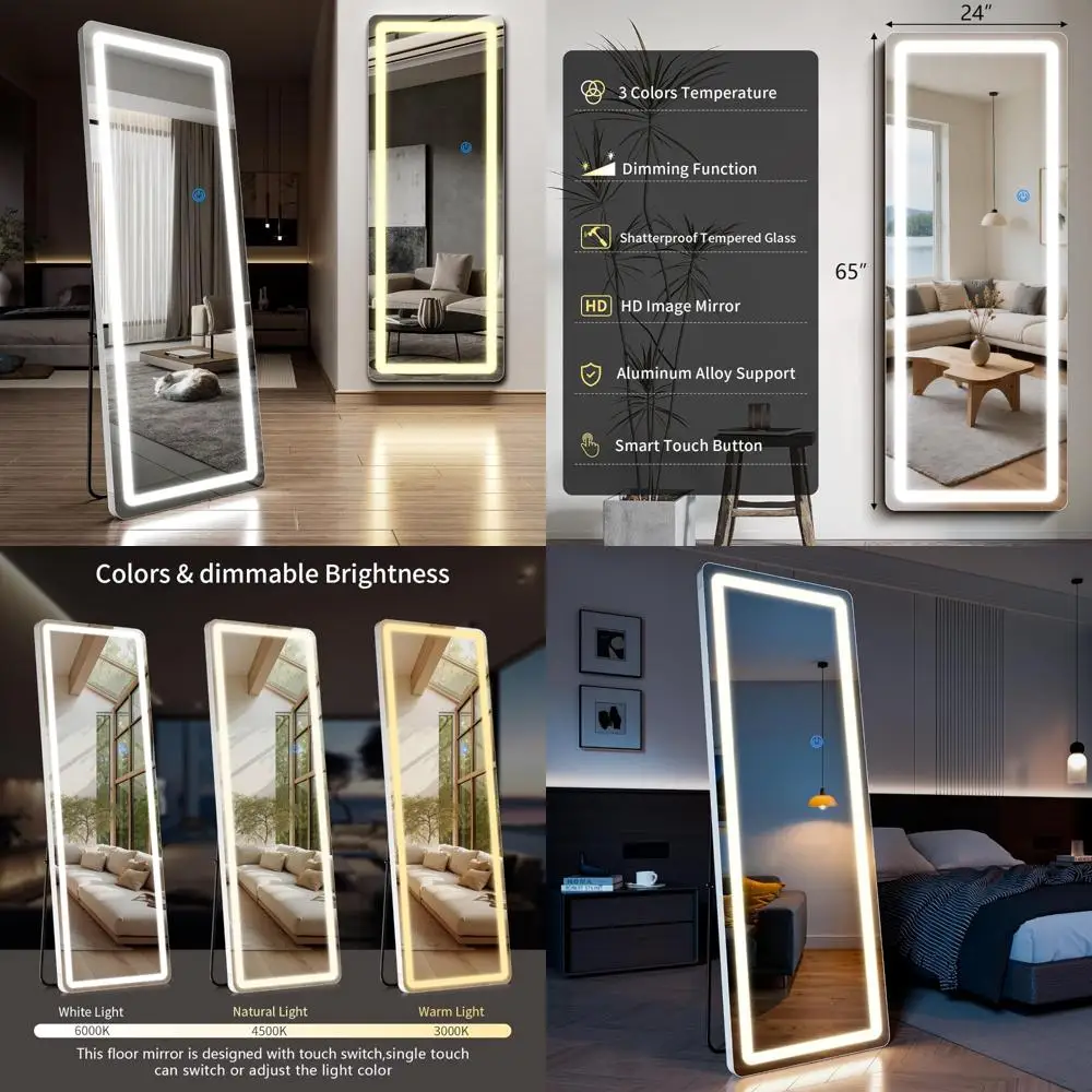 Espelho de chão de comprimento total 65x24 com cantos arredondados, luzes LED de 3 cores reguláveis, suporte de espelho de corpo inteiro